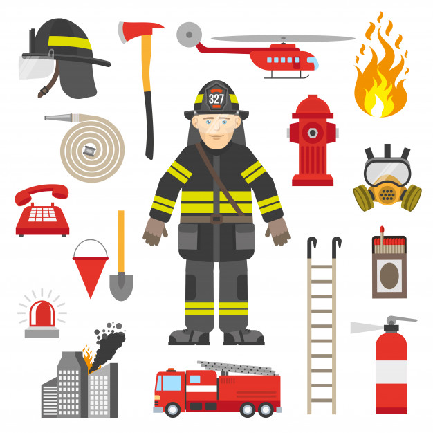 ilustracja strażaka i jego rekwizytów