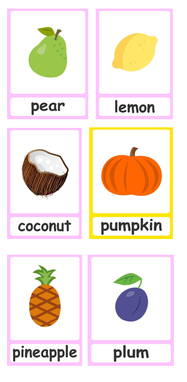 grafika  przedstawiająca owoce i ich nazwy w języku angielskim